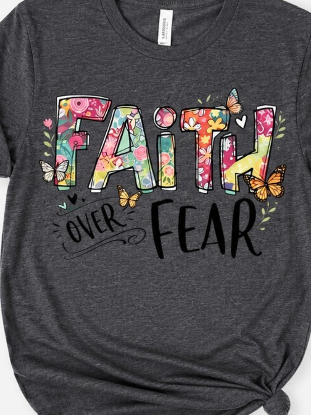 Faith Over Fear Graphic Tee - Charcoal with Floral Lettering